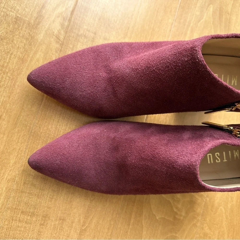 Himitsu Burgundy Suede Pointed Toe Ankle Booties, Size 39